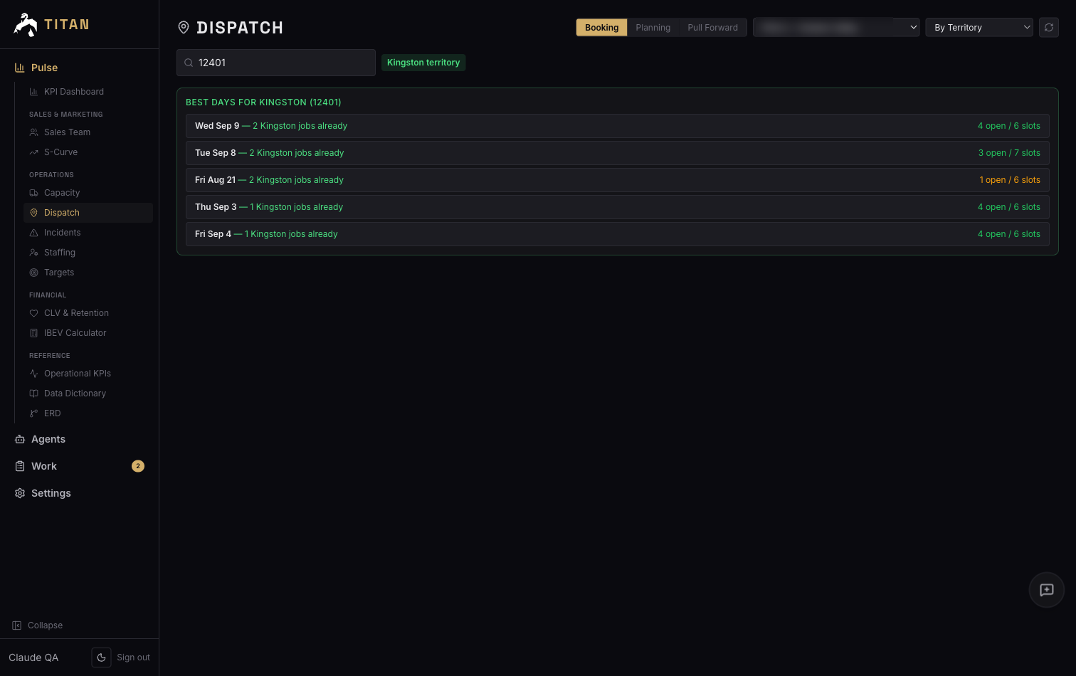 Titan dispatch view listing the best days to book a job in one territory, with jobs already nearby and open slots per day.