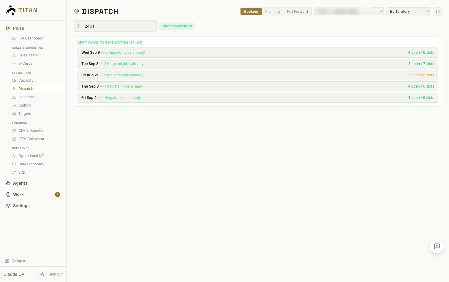 Titan dispatch view listing the best days to book a job in one territory, with jobs already nearby and open slots per day.